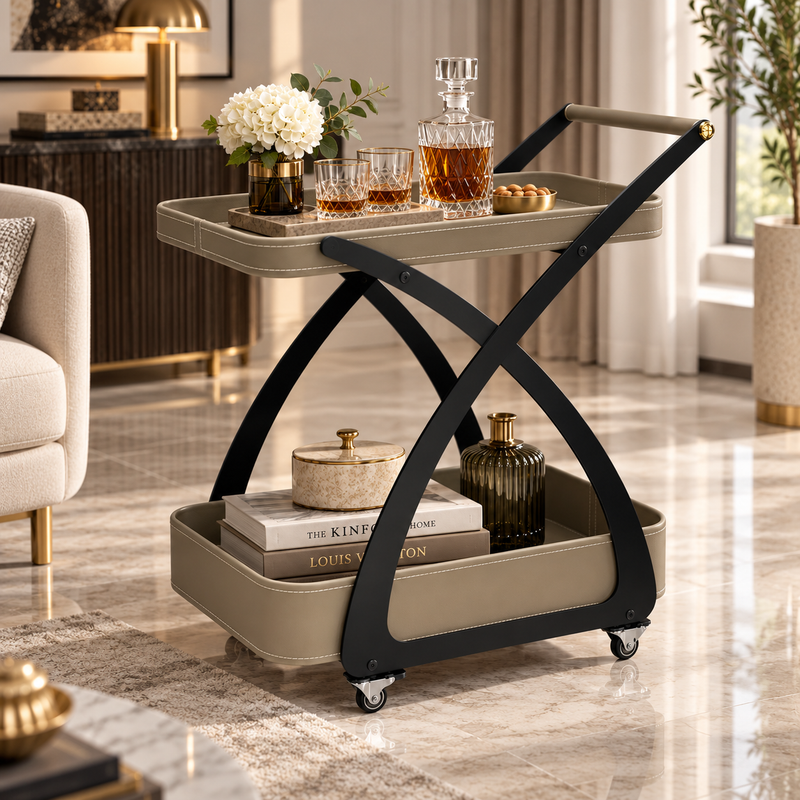 Modern 2 Layer Leatherette Cross Frame Serving Trolley Taupe