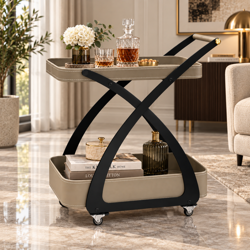 Modern 2 Layer Leatherette Cross Frame Serving Trolley Taupe