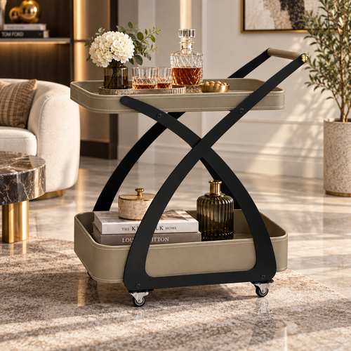 Modern 2 Layer Leatherette Cross Frame Serving Trolley Taupe