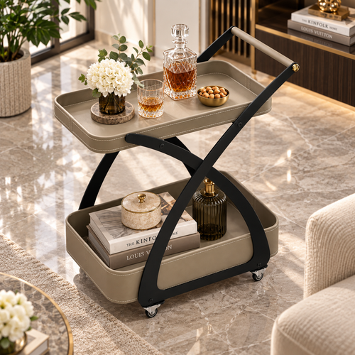 Modern 2 Layer Leatherette Cross Frame Serving Trolley Taupe