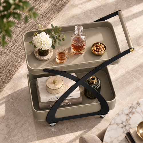 Modern 2 Layer Leatherette Cross Frame Serving Trolley Taupe