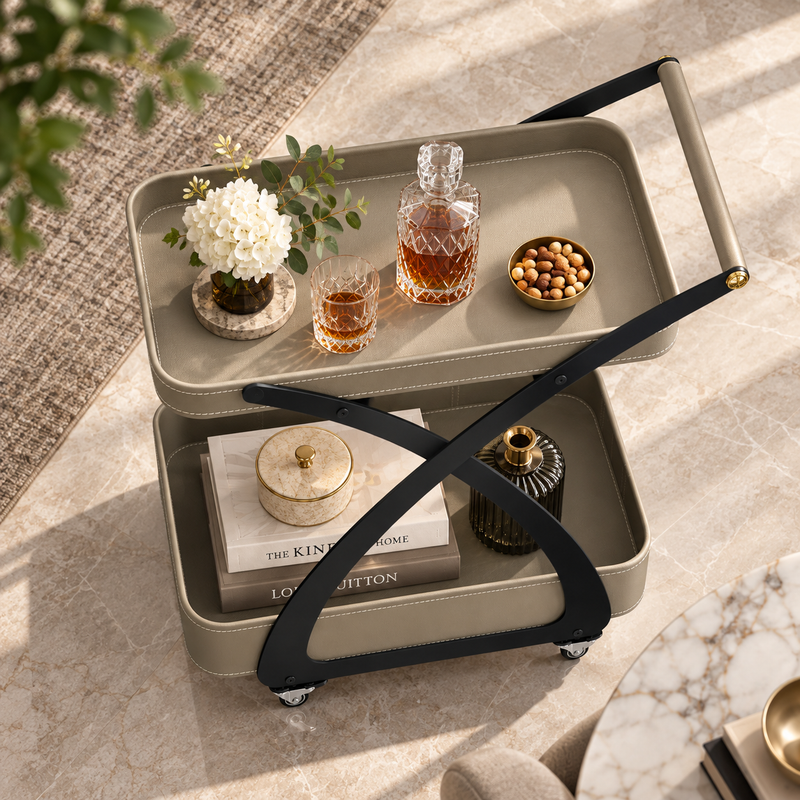 Modern 2 Layer Leatherette Cross Frame Serving Trolley Taupe