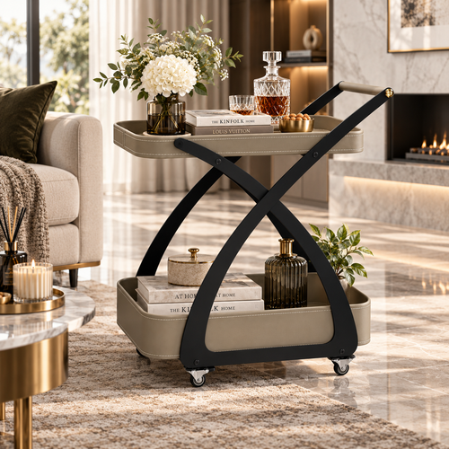 Modern 2 Layer Leatherette Cross Frame Serving Trolley Taupe