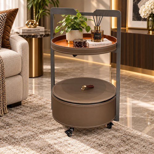 Modern 2 Layer Leatherette Serving Trolley Taupe & Cognac
