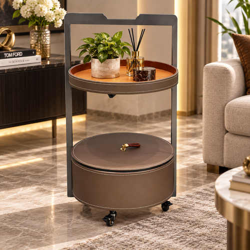 Modern 2 Layer Leatherette Serving Trolley Taupe & Cognac