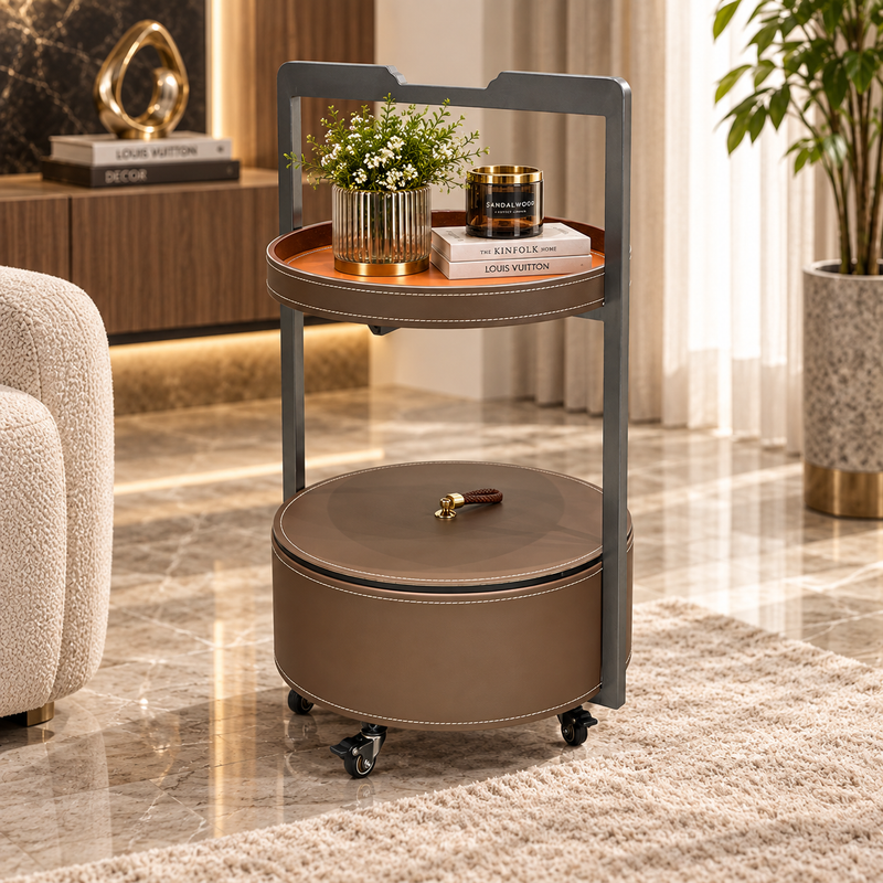 Modern 2 Layer Leatherette Serving Trolley Taupe & Cognac