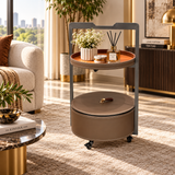 Modern 2 Layer Leatherette Serving Trolley Taupe & Cognac