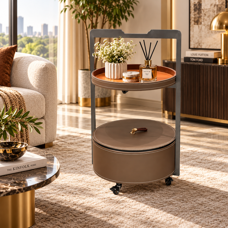 Modern 2 Layer Leatherette Serving Trolley Taupe & Cognac