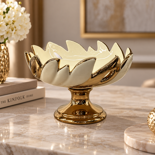 Modern Gold & Cream Ceramic Pedestal Bowl