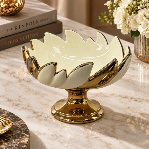 Modern Gold & Cream Ceramic Pedestal Bowl