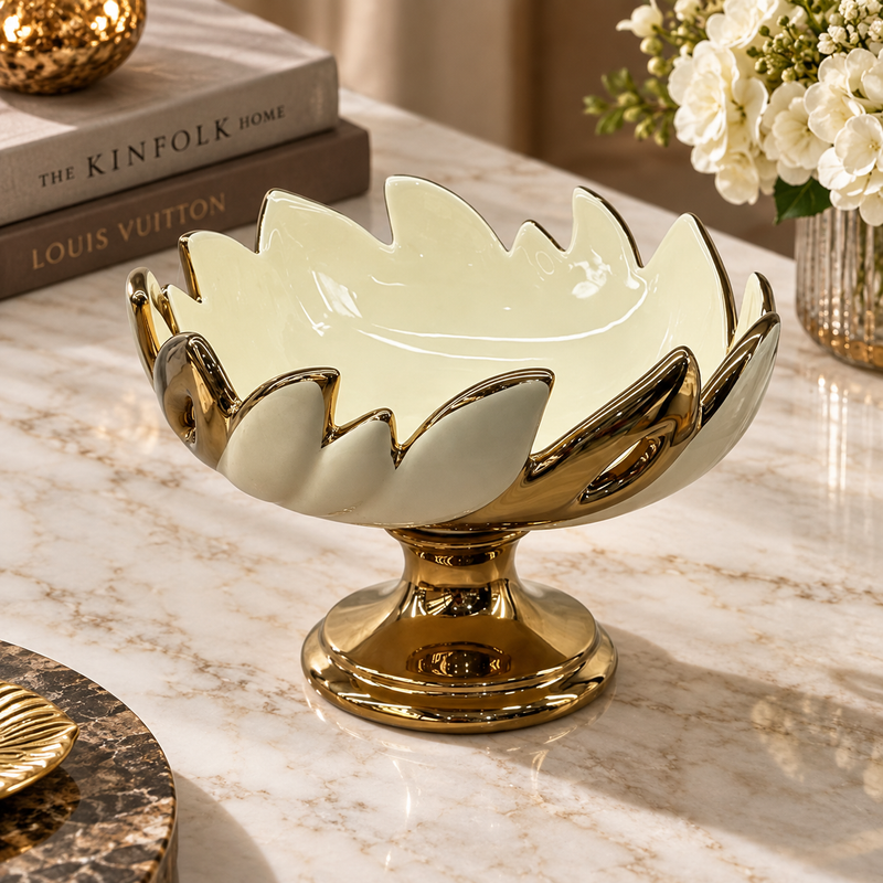 Modern Gold & Cream Ceramic Pedestal Bowl