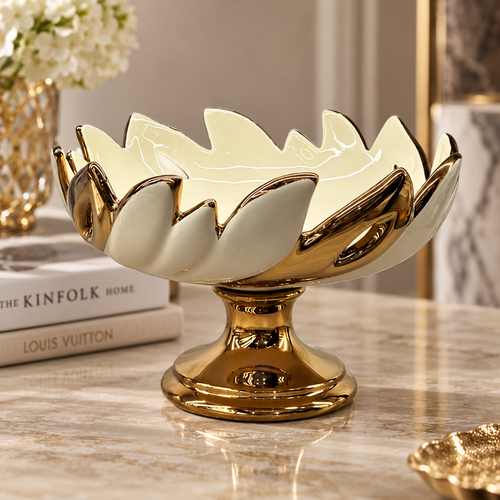 Modern Gold & Cream Ceramic Pedestal Bowl