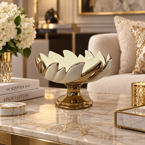 Modern Gold & Cream Ceramic Pedestal Bowl