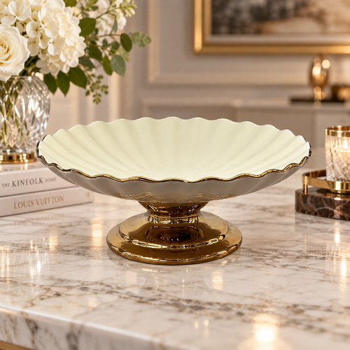 Modern Cream & Gold Ribbed Ceramic Pedestal Bowl