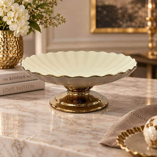 Modern Cream & Gold Ribbed Ceramic Pedestal Bowl