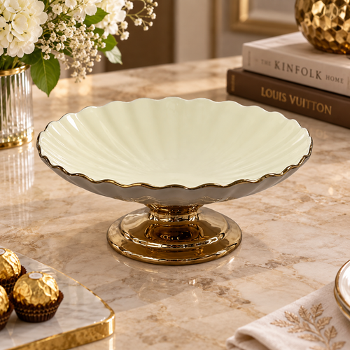 Modern Cream & Gold Ribbed Ceramic Pedestal Bowl