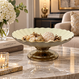 Modern Cream & Gold Ribbed Ceramic Pedestal Bowl