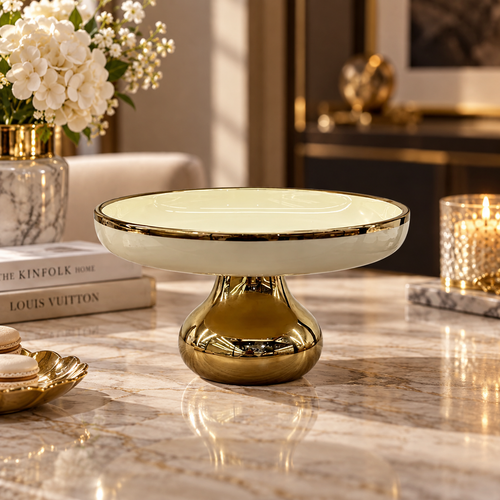 Modern Cream & Gold Bulbous Pedestal Bowl