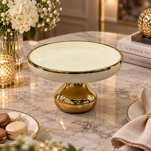 Modern Cream & Gold Bulbous Pedestal Bowl