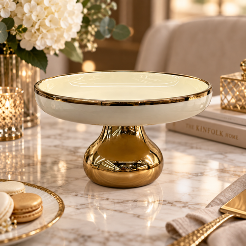Modern Cream & Gold Bulbous Pedestal Bowl