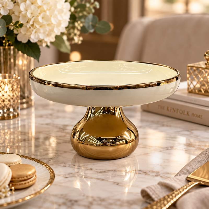 Modern Cream & Gold Bulbous Pedestal Bowl