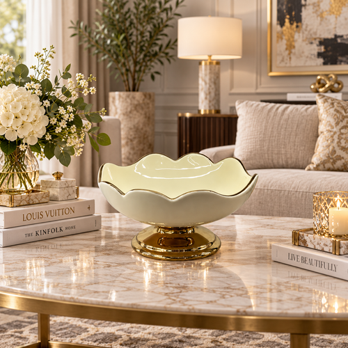 Modern Cream Scalloped Ceramic Pedestal Bowl