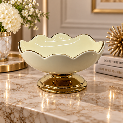 Modern Cream Scalloped Ceramic Pedestal Bowl