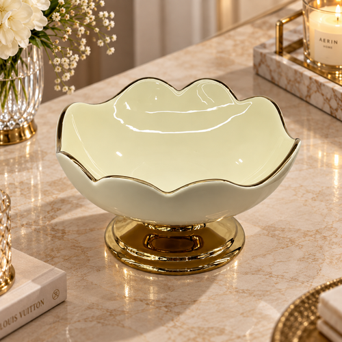 Modern Cream Scalloped Ceramic Pedestal Bowl