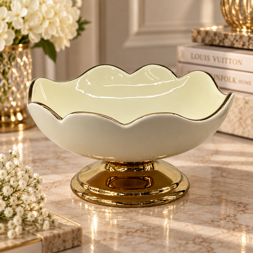 Modern Cream Scalloped Ceramic Pedestal Bowl