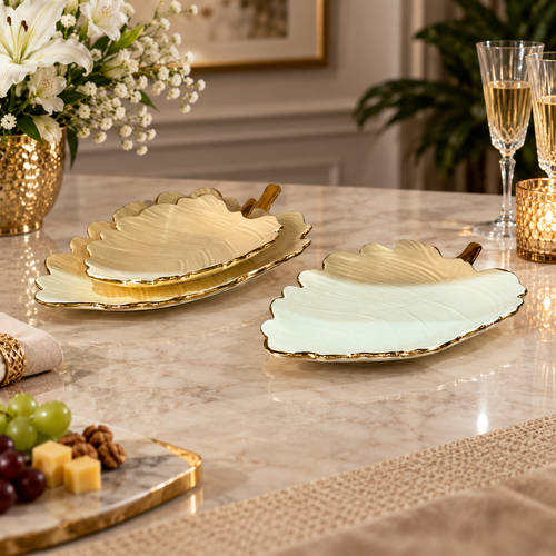 Elegant Leaf Serving Platters Cream & Gold 3 Piece Set
