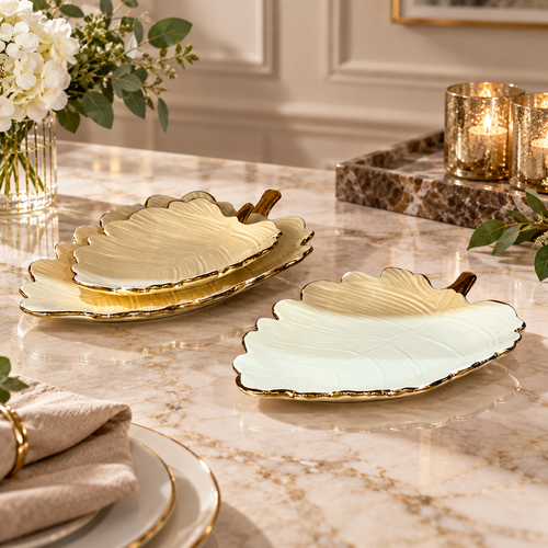 Elegant Leaf Serving Platters Cream & Gold 3 Piece Set