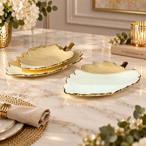 Elegant Leaf Serving Platters Cream & Gold 3 Piece Set
