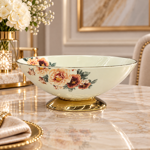 Modern Floral Cream & Gold Pedestal Bowl