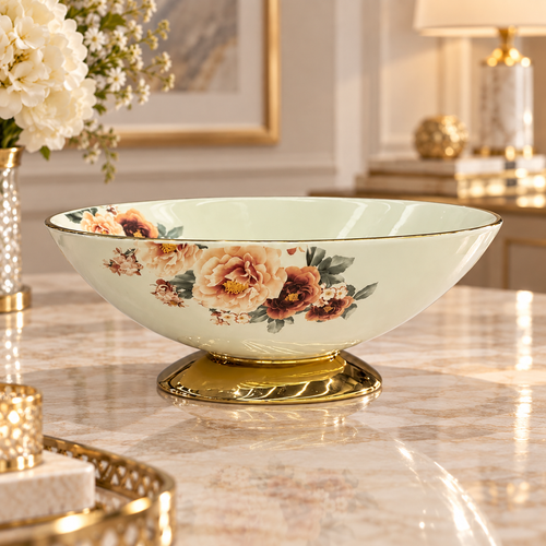 Modern Floral Cream & Gold Pedestal Bowl