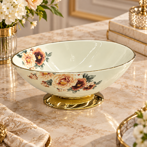 Modern Floral Cream & Gold Pedestal Bowl
