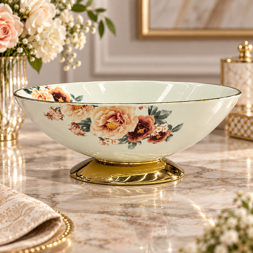 Modern Floral Cream & Gold Pedestal Bowl