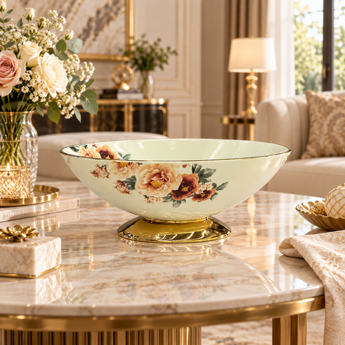 Modern Floral Cream & Gold Pedestal Bowl