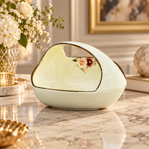 Modern Floral Cream & Gold Ceramic Basket Bowl