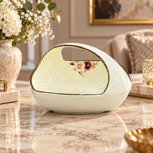 Modern Floral Cream & Gold Ceramic Basket Bowl