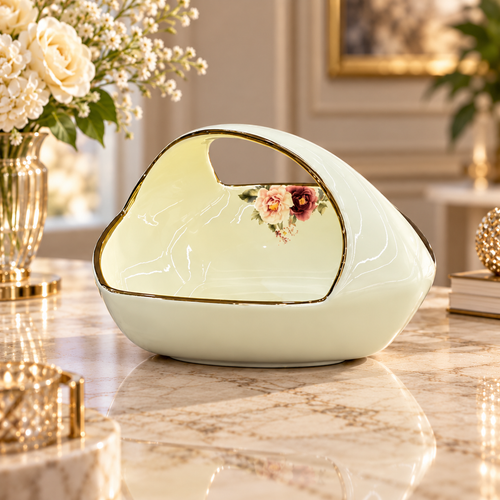 Modern Floral Cream & Gold Ceramic Basket Bowl