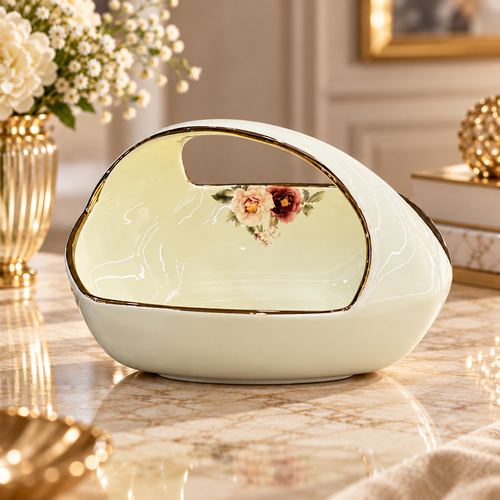 Modern Floral Cream & Gold Ceramic Basket Bowl