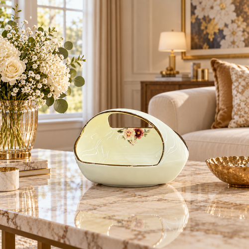 Modern Floral Cream & Gold Ceramic Basket Bowl