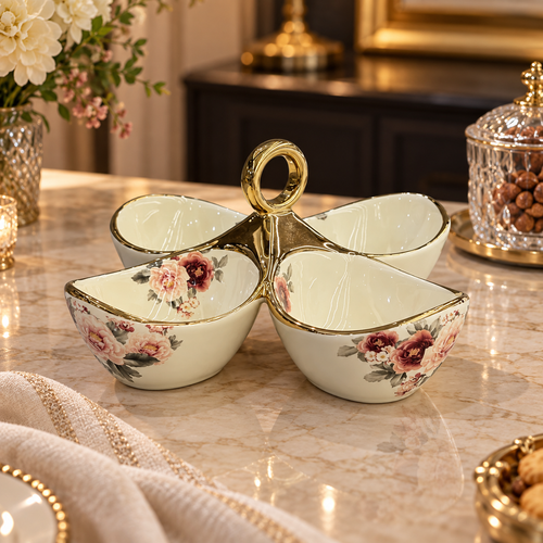 Modern Floral Cream & Gold 4 Section Divided Serving Bowl