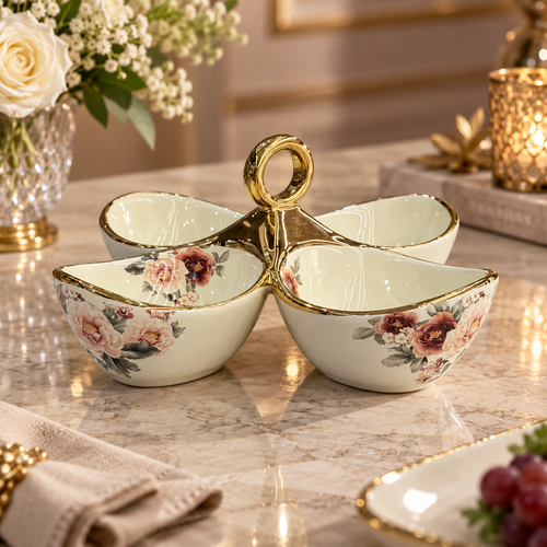 Modern Floral Cream & Gold 4 Section Divided Serving Bowl