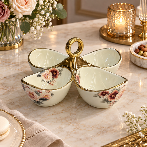 Modern Floral Cream & Gold 4 Section Divided Serving Bowl