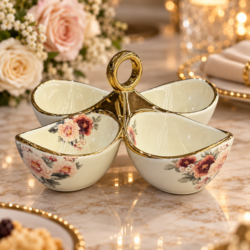 Modern Floral Cream & Gold 4 Section Divided Serving Bowl