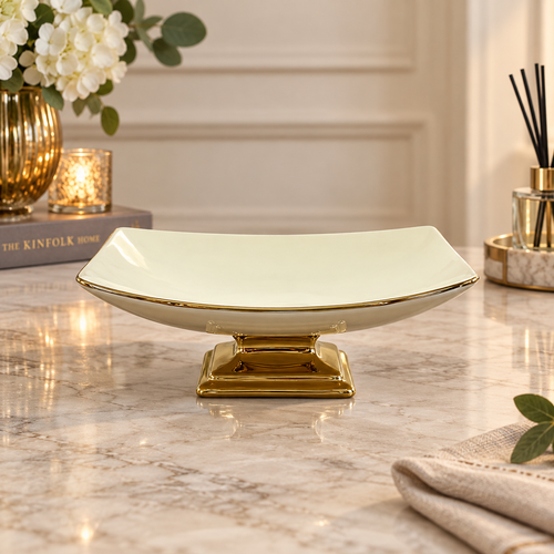 Modern Cream & Gold Square Pedestal Bowl