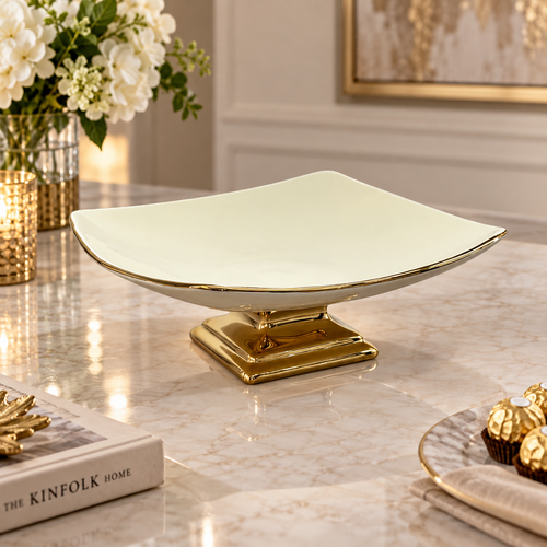 Modern Cream & Gold Square Pedestal Bowl