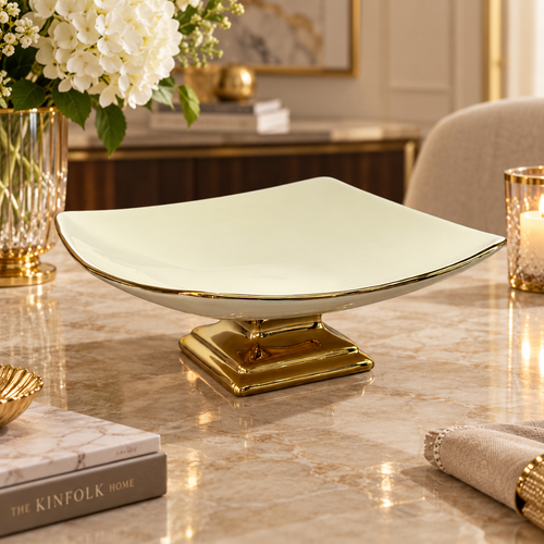 Modern Cream & Gold Square Pedestal Bowl