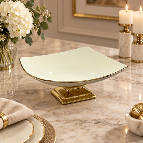 Modern Cream & Gold Square Pedestal Bowl